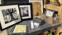 (3) FRAMED PRINTS, FRAMES, HANGING FILE HOLDERS , POWER BARS