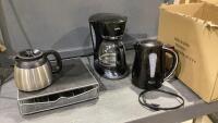 BOX W/POD HOLDER, SUNBEAM COFFEE MAKER, BETTY CROCKER ELECTRIC KETTLE, MR COFFEE CARAFE