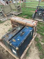 Pallet of antique suitcases and steamer trunk