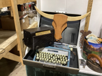 3 BOXES - OLD TYPEWRITER, SAD IRONS, FRAMED DOILIES