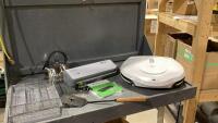 BOX W/ FOOD SAVER, GEORGE FORMAN, SS KETTLE, CUTLERY TRAY