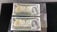 (2) CANADA 1973 $1 BILLS - CONSECUTIVE SERIAL NUMBERS