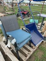 Two stacking padded chairs, and snow scoop