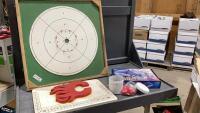 (3) PIECES- CROKINOLE BOARD, FLAMES CRIB BOARD + AIR SWIMMERS