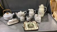 (2)BOXES -TABLE WARE SET - TEAPOT, KETTLE,CARAFE,PITCHER, BUTTER DISH
