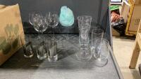 BOX OF GLASSWARE - WINE GLASSES, CAPPACHINO MUGS, + VASE