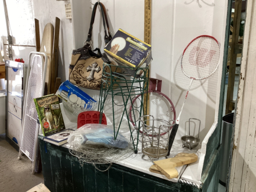 2 BOXES -PEDESTAL GLASS BOWL,PURSES, BADMINTON RACQUET