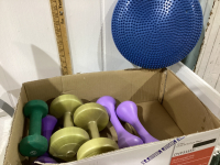 2 BOXES - HAND WEIGHTS,IKEA MAGAZINE HOLDER, AND