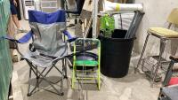 RUBBERMAID ROUGHNECK TUB W/ LID W/ FOLDING LAWN CHAIRS, HOT DOG STICKS, KIDS FOLDING CHAIR