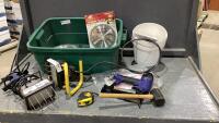 SMALL TOTE W/ MISC SHOP TOOLS - FILES, WORK LIGHTS, CAMPBELL HAUSFELD AIR NAILER/STAPLER, SAW BLADE