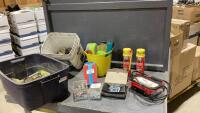 TOTE W/ CAR WASH SUPPLIES, PLUMBING SUPPLIES, SNAP-ON WORK LIGHT
