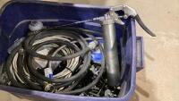 TOTE W/ GREASE GUN, SHORT CONNECTOR HOSES, REGULATOR, ASSORTED NUTS & BOLTS ETC