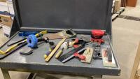 BOX W/ MISC SHOP ITEMS - PINCH BAR, SANDER, DRYWALL TOOLS, HAND SAW, PALM SANDER