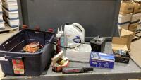 SMALL TOTE W/ ANTI-FREEZE, SMALL LIGHT BULBS, SMALL HEATER, TRIPOD