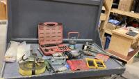 TUB OF SHOP TOOLS - RATCHET STRAP, MAGNETIC PICK-UP TOOL, COME-ALONG