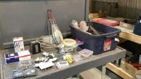 TOTE OF ELECTRICAL OUTLETS, COVER, CARRIAGE BOLTS, PIPE CLAMPS, PIPE FITTINGS, ELECTRICAL SWITCHES