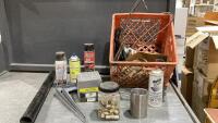 CRATE W/ ROOFING NAILS, SHELF BRACKETS, SMALL PIECE PVC HOSE, SEWER SNAKE, BRASS FITTINGS