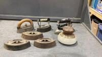 ANTIQUE SAD IRONS, ELECTRIC IRON, CERAMIC INSULATOR