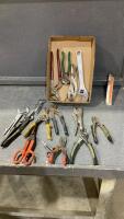 FLAT OF TOOLS - TIN SNIPS, PLIERS, SMALL PIPE WRENCH, WRENCHES