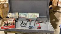 FLAT OF ASSORTED TOOLS - HACKSAWS, BRASS FITTINGS, SMALL PIPE WRENCHES, VALVES DIGITAL CALIPER, BLOCK TESTER