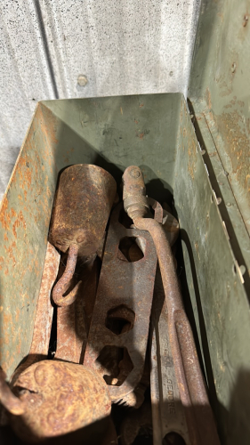 Steel box of antique tools, and scale weights