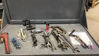 BOX W/ ASSORTED TOOLS + WRENCHES