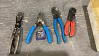 BOX W/ SET OF KLINE STRIPPER/CRIMPING PLIERS, CHANNEL LOCK CABLE CUTTERS, CHANNEL LOCK EXTERIOR/INTERIOR SNAP RING PLIERS, NO NAME HOSE CRIMP PLIERS