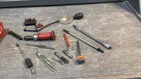 BOX OF MISC TOOLS- IMPACT DRIVER, BITS, FLEX EXTENSIONS, CARB ADJUSTMENT TOOL, BLUE POINT THERMOMETER