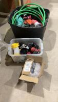 TOTE OF RV SEWAGE CONNECTIONS, WATER HOSE, VALVES