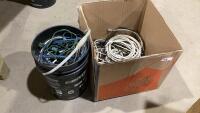 BOX + BUCKET OF EXTENSION CORDS + CABLES