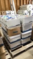 PALLET OF LARGE AMOUNT OF ALL OCCASION TROPHY ITEMS - (24) BOXES W/ SPORTS, RINGETTE, HOCKEY, BULLS, HORSES, BASKETBALL, PLAQUES, SCHOOL BELLS, ETC