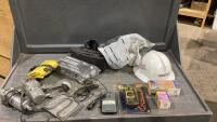 BIN W/BATTERY WARMERS, HARD HAT, MULTIMETER, STAMP SET, ENGINE BLOCK HEATERS