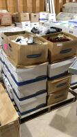 PALLET OF LARGE AMOUNT OF ALL OCCASION TROPHY ITEMS - (24) BOXES SPORTS, ANIMALS, WINE GLASSES, BASES, PLAQUES ETC