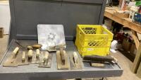 CRATE W/ CONCRETE TOOLS AND LAWN MOWER PARTS