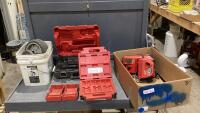 BOX W/EMPTY MILWAUKEE TOOL CASES W/ 3 CHARGERS, PLASTIC LAWN MOWER & TOY WHEELS