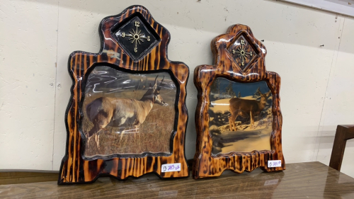 (2) BURNT WOOD CLOCKS W/ANTELOPE + DEER PICTURE