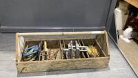 WOOD TOOL BOX W/ CLAMPS, DIVIDERS, SMALL CORNER STANLEY VISE, MISC SCREWDRIVERS