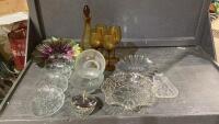 BOX W/ WINE GLASSES, DECANTER, GLASS SERVING DISHES,