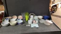 BOX W/BOWLS, SMALL SCALE, SALT + PEPPER, STRAINERS, GLASSES