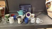 BOX W/TEAPOTS, MUGS, BEER GLASSES, CREAM + SUGAR
