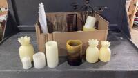 BOX W/ VASES, CANDLE HOLDERS, BATTERY CANDLES