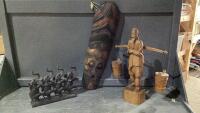 CARVED WOOD FACE, ELEPHANT STATUE, ASIAN MAN STATUE