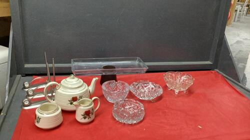 BOX W/ CRYSTAL ASHTRAYS, TEA POT W/ CREAM & SUGAR, "GOLF BALL" CLOCK CARD HOLDERS W/ PENS (NEED REFILLS), GLASS TRAY ON STAND