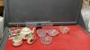 BOX W/ CRYSTAL ASHTRAYS, TEA POT W/ CREAM & SUGAR, "GOLF BALL" CLOCK CARD HOLDERS W/ PENS (NEED REFILLS), GLASS TRAY ON STAND
