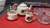 BOX W/ CRYSTAL ASHTRAYS, TEA POT W/ CREAM & SUGAR, "GOLF BALL" CLOCK CARD HOLDERS W/ PENS (NEED REFILLS), GLASS TRAY ON STAND - 4