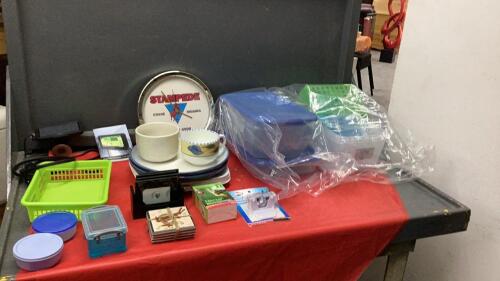 BOX W/ PLASTICWARE, BOWLS, COASTERS, CORELLE PLATES, GPS