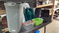 ASSORTED STORAGE BINS, CADDY, LAUNDRY HAMPER, BACTERIA CLOTHS