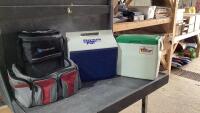 (3)PIECES - PLAYMATE COOLER, OSCAR COOLER + 2 SOFT SIDE COOLER BAGS