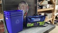 BADMINTON + (4) TENNIS RACQUETS, CAMP KIT + BLUE RECYCLE BINS