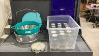 GOOD LIDDED TOTE WITH CANNING JARS , TUPPERWARE BOWL, MISC